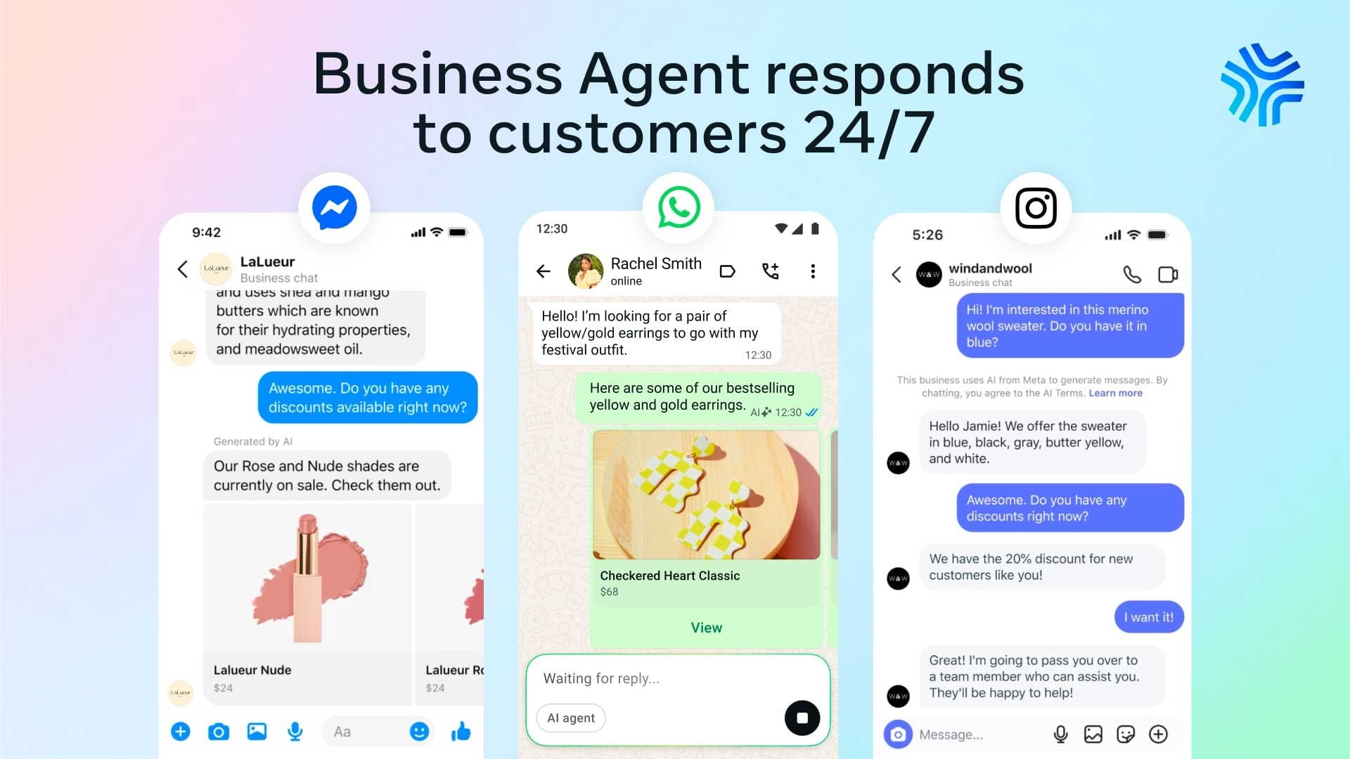 Meta Business Agent replying to customers in Messenger, WhatsApp and Instagram chats, with product cards and a handoff to a team member