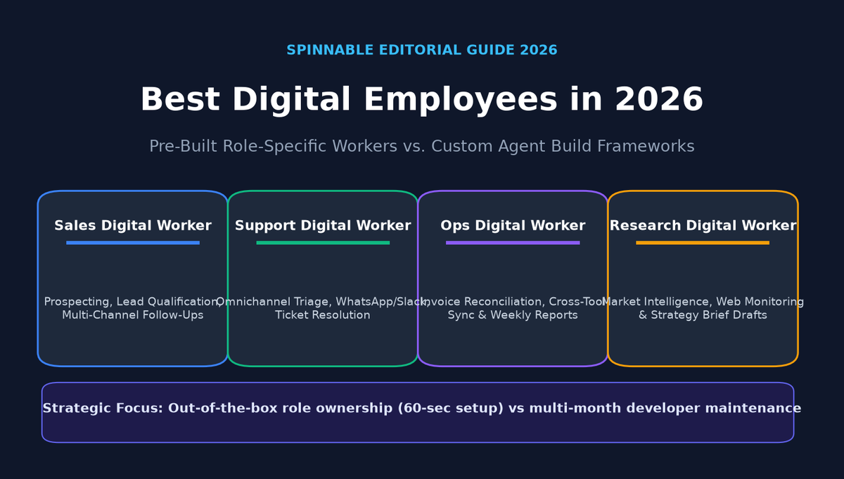 Best Digital Employees in 2026 guide banner illustrating pre-built role workers across Sales, Support, Operations, and Research versus custom agent build frameworks