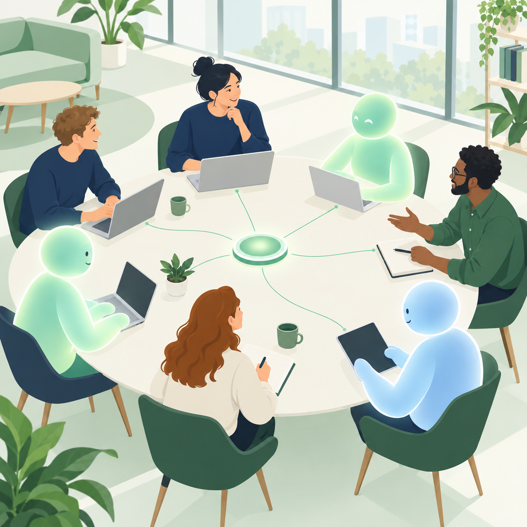 A team of people and AI workers sharing one workspace