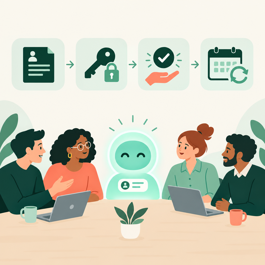 An AI employee joining a small team, with steps for job, access, approval and recurring work