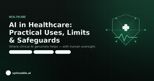 Abstract healthcare AI illustration: a protective shield with a medical cross, heartbeat line, and connected data nodes representing practical, safeguarded clinical AI.