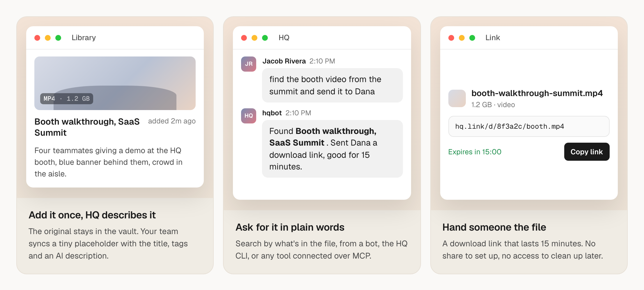 HQ Library: add a file once and HQ describes it, ask for it in plain words, and hand someone a 15-minute download link.