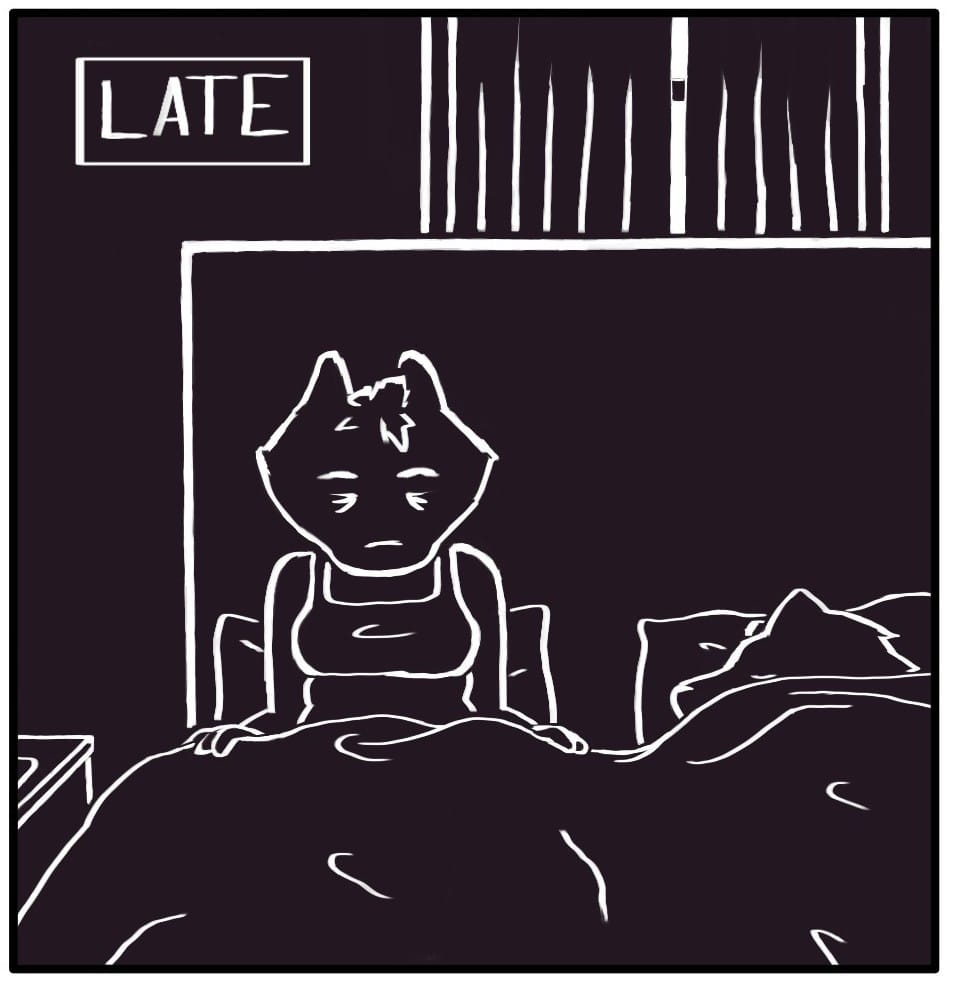 Panel 1: It’s the middle of the night. Foxwolf groggily wakes and sits up in bed next to Houndmage, sleeping soundly. It’s dark in the bedroom, with only a sliver of dim light peeking through the curtains from the streetlights outside.