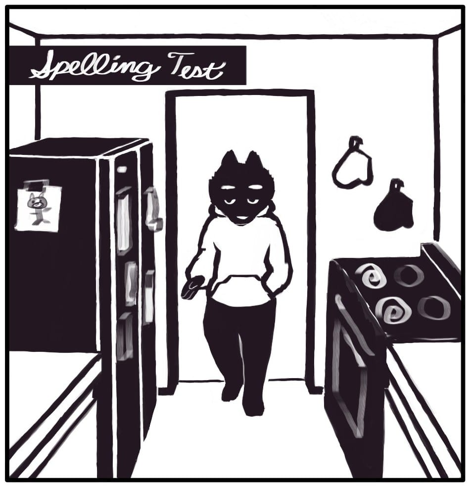 Panel 1: Foxwolf is walking into the kitchen. She reaches for the refrigerator door. The fridge is covered in reminders and Jerri’s excellent drawings.
