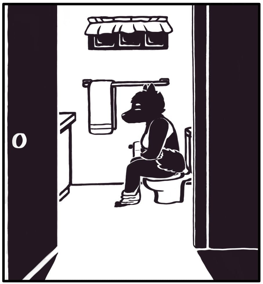 Panel 2: Light from the bathroom shines through the open door into the dark house. Foxwolf is sitting on the toilet peeing with the door open, barely awake.