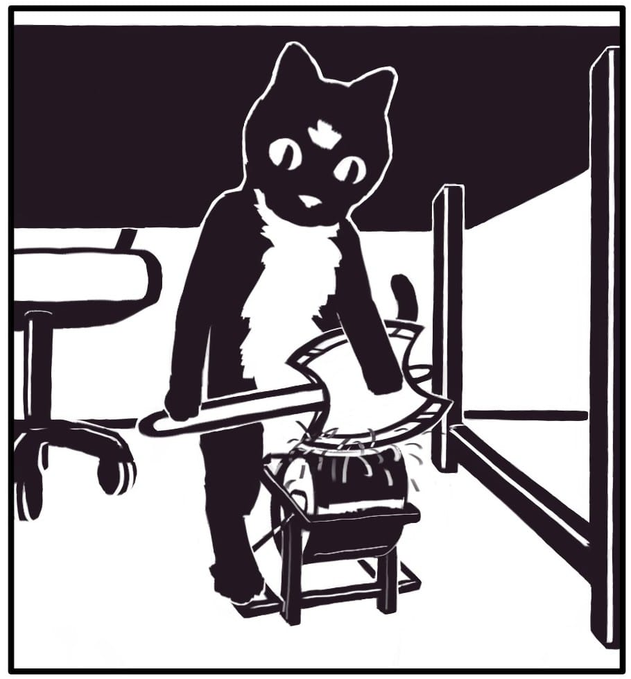 Panel 2: Charles, hearing Dylan’s mew, has immediately started sharpening a battle axe on a grinding wheel beneath Foxwolf’s desk. Sparks fly from the wheel.