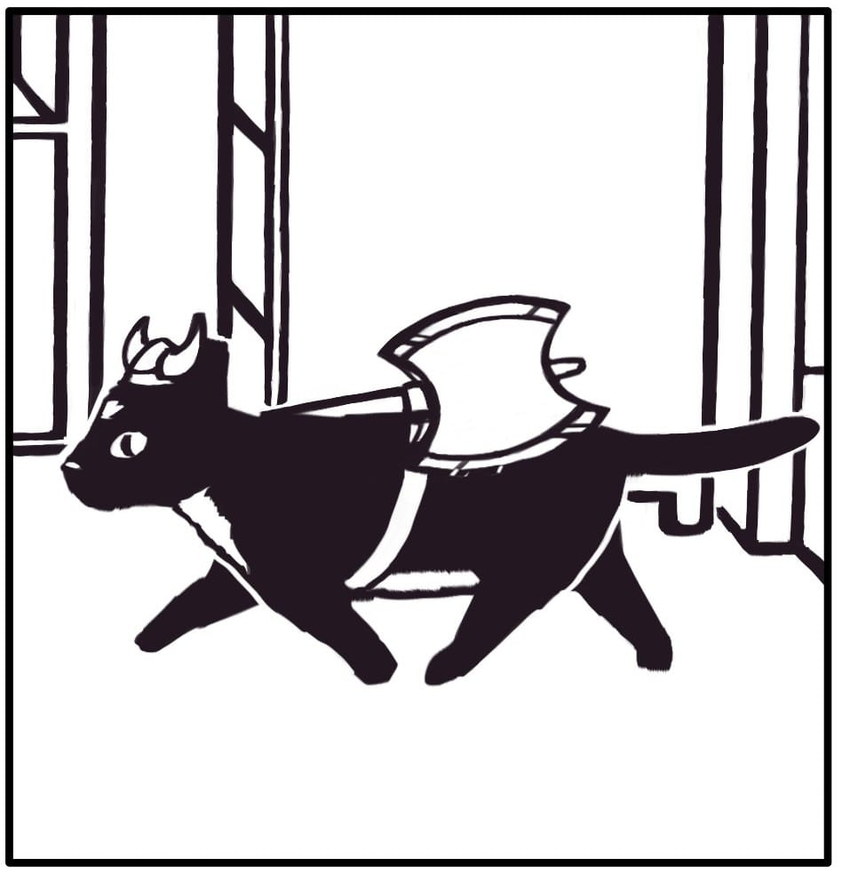 Panel 3: Strapped with the axe and wearing a tiny horned helmet, Charles dashes through the house.