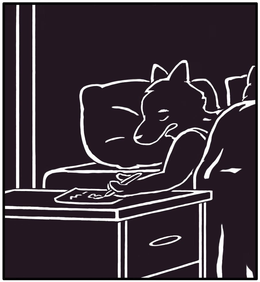Panel 4: Back in the dark bedroom, Foxwolf has fallen asleep with a pen in her hand. Her arm is resting on the nightstand where she has scribbled something down.