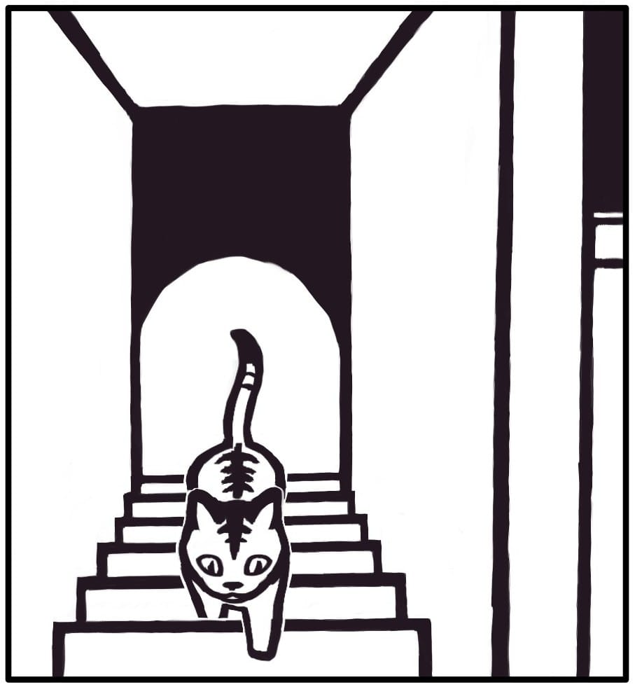 Panel 4: Dylan’s ascending the stairs.