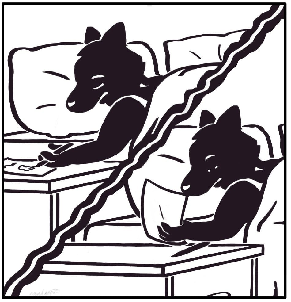 Panel 5: It’s morning and the room is light. Foxwolf is in the same position as she fell asleep in. She awakes and picks up the note she left for herself, squinting at it with sleep in her eyes.