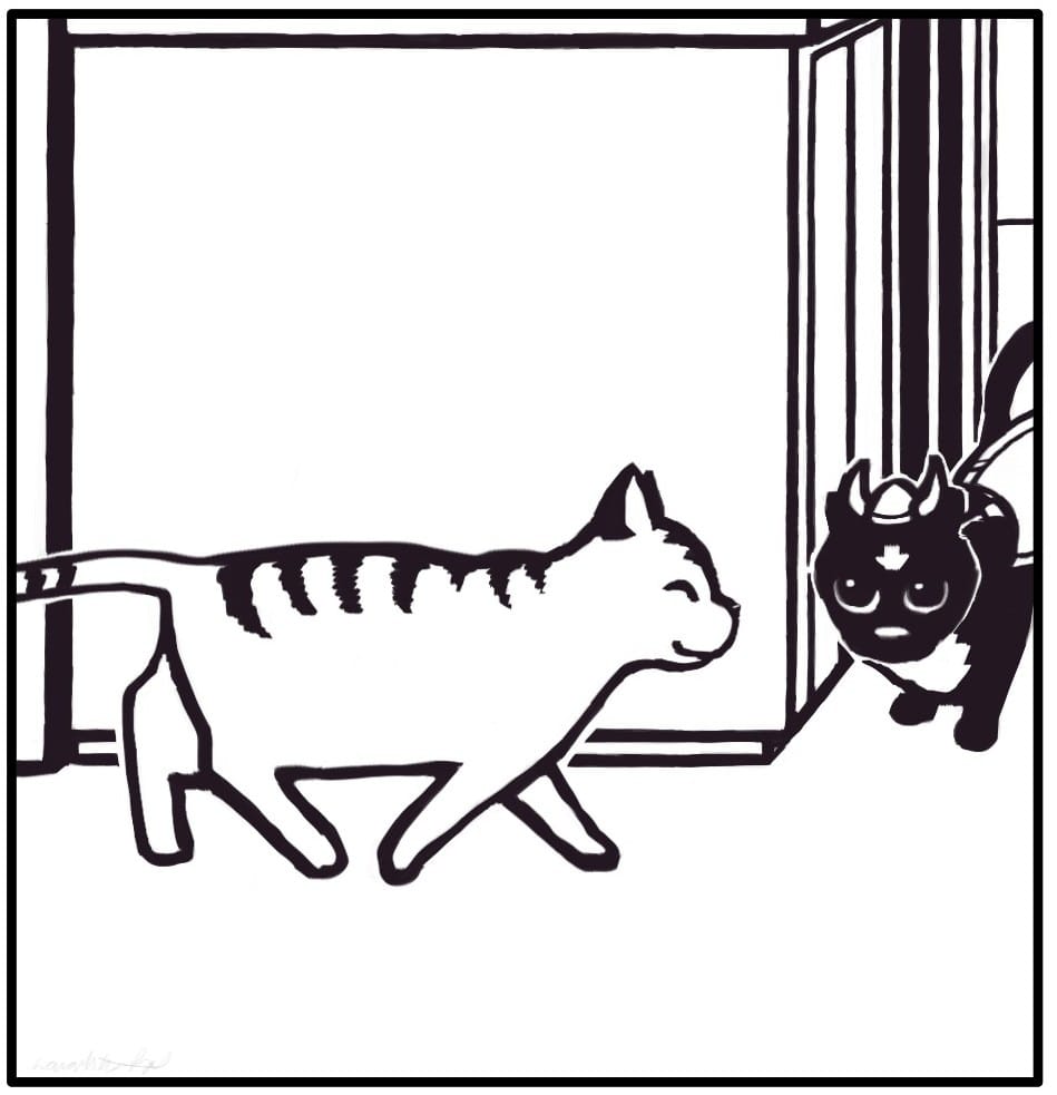 Panel 5: He’s made it to the top. Around the corner, Charles is crouched in attack position. Her pupils are huge. Dylan smiles as he walks towards the corner.