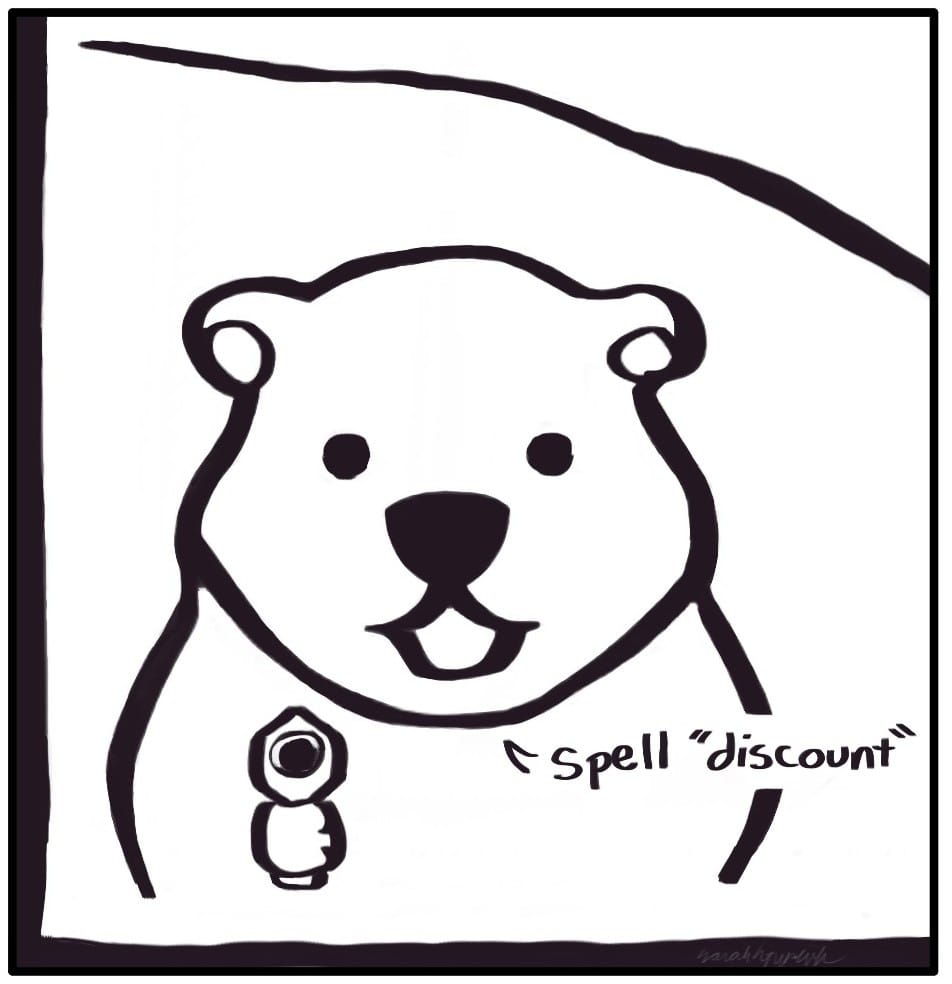 Panel 5: “Spell ‘discount’.” The round creature, he has a gun.