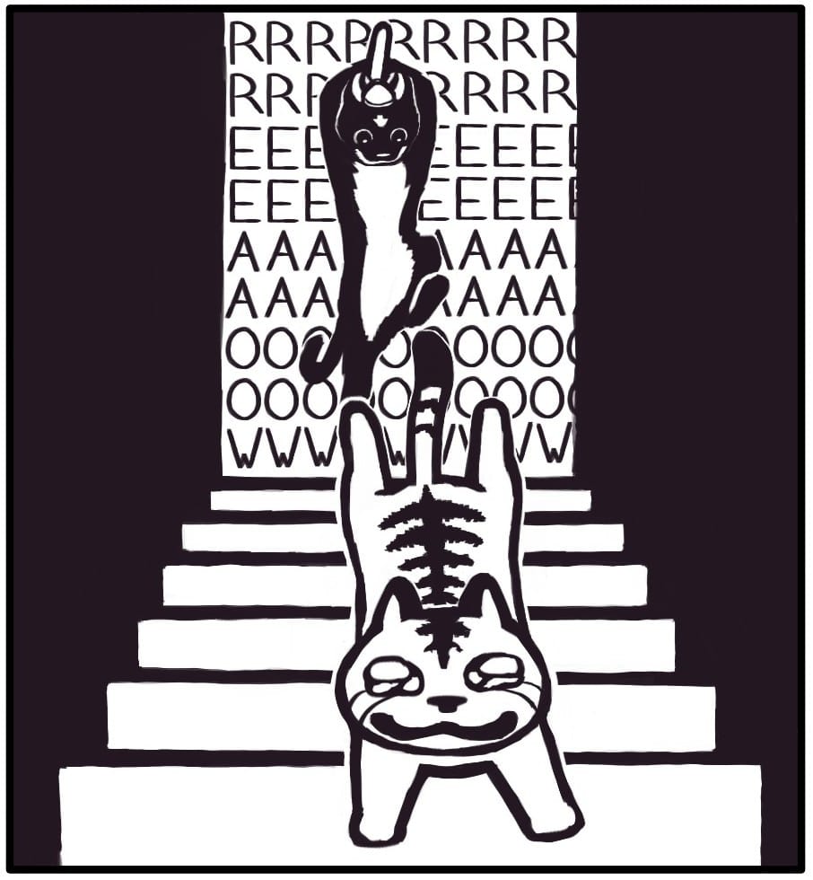 Panel 6: Leaping from around the corner to high above the top step, wielding the battle axe overhead, Charles screeches, “RRREEEAAAOOOWWW.” Dylan flies back down the stairs crying in terror.