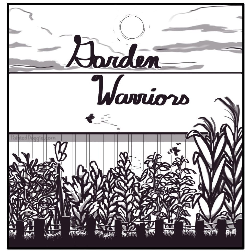Panel 1: The sun is shining through clouds over the roof of a building. In front of the building is a bustling garden behind a rickety fence. The garden contains vine plants climbing a trellis, bushy leafy greens, pepper plants, and cornstalks. Insects flutter and buzz through the foliage.