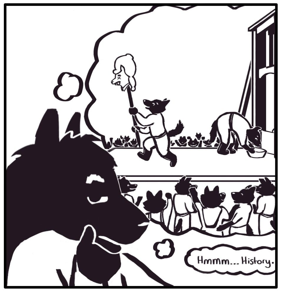 Panels 5 & 6: Houndmage and Foxwolf both think, “Hmm… History… repeats itself…” and envision the historical painting of Marie Antionette’s execution with Rich Bastardson’s head on the pike being paraded around the stage. All of the executioners and bystanders cheer and celebrate.