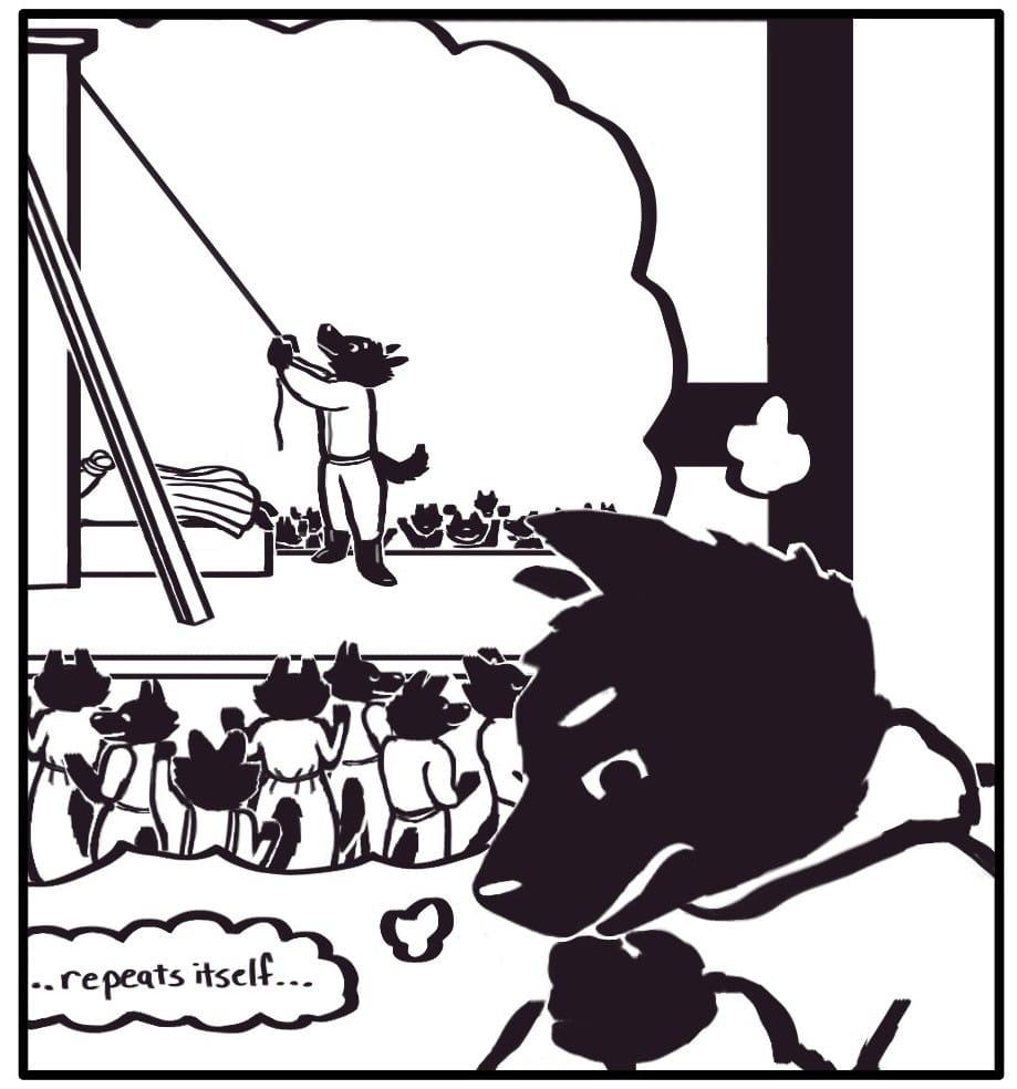 Panels 5 & 6: Houndmage and Foxwolf both think, “Hmm… History… repeats itself…” and envision the historical painting of Marie Antionette’s execution with Rich Bastardson’s head on the pike being paraded around the stage. All of the executioners and bystanders cheer and celebrate.