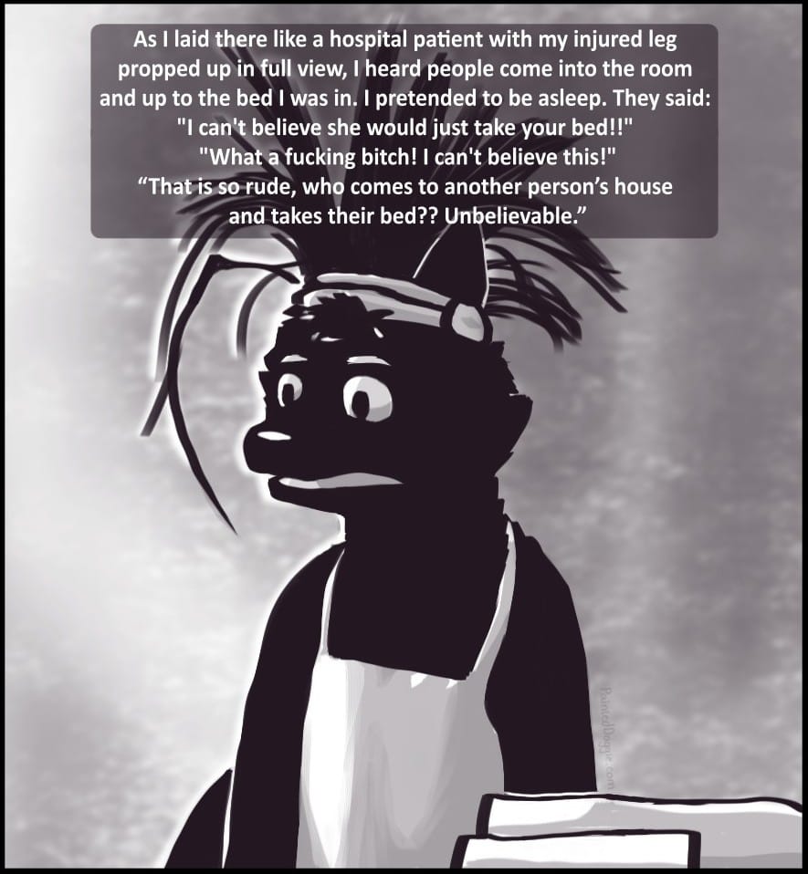 Panel 8: As I laid there like a hospital patient with my injured leg propped up in full view, I heard people come into the room and up to the bed I was in. I pretended to be asleep. They said: "I can't believe she would just take your bed!! What a fucking bitch! I can't believe this!" “That is so rude, who comes to another person’s house and takes their bed?? Unbelievable.”