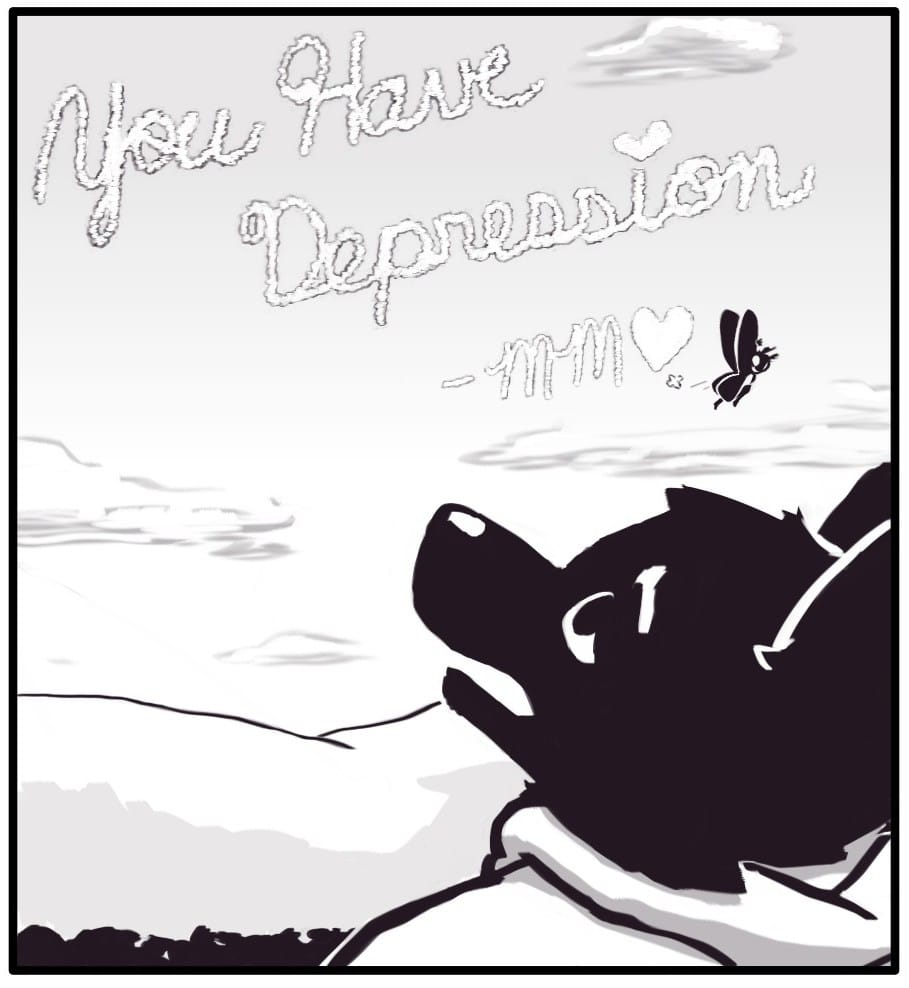 Panel 12: Foxwolf looks up, mouth agape, to see Mothman zooming off and waving. He has left beautifully penned skywriting in the clouds above the mountains. It says: “You Have Depression - MM (heart)”