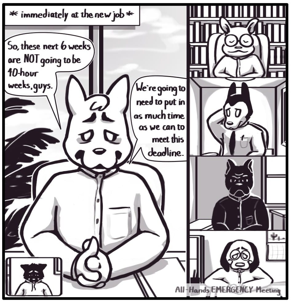 Panel 3: (Caption: * immediately at the new job *) A virtual meeting titled “All-Hands EMERGENCY Meeting” is happening between Foxwolf and 5 of her new coworkers. The department manager has the main portion of the screen, while three very concerned workers and the relaxed-looking senior boss listen from the side bar. Continuing the meeting, the manager says, “So, these next 6 weeks are not going to be 40-hour weeks, guys.” “We’re going to need to put in as much time as we can to meet this deadline.” Foxwolf cringes but tries to maintain a smile on camera.