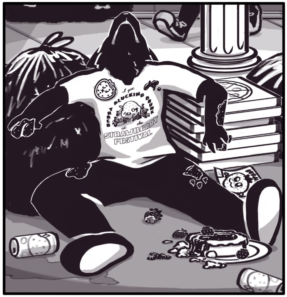 Panel 2: Foxwolf is passed out on the street laying in a pile of trash and old pizza boxes. Her hands and clothes are covered in jam and a partially smashed strawberry shortcake lies on the ground between her legs sliding off of its plate. A streetlight illuminates the scene. Another festival goer passes on the sidewalk beyond Foxwolf’s trash bed. She’s wearing a shirt from the festival featuring the graphic described in panel 1: “I got BERRY PLUCKING DRUNK at the STRAWBERRY FESTIVAL.” Cans of strawberry liqueur are spilled on the ground around her.