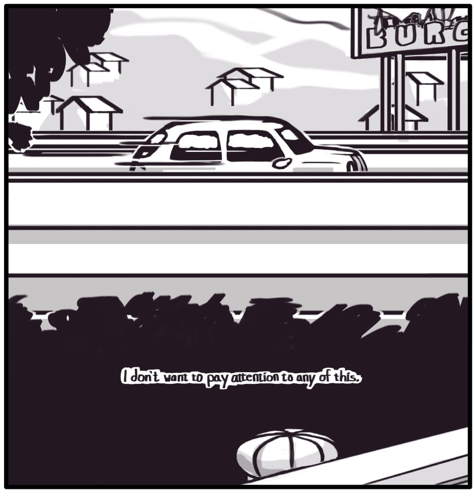 PANEL 1: A car exits the highway into a small town nestled in the mountains.  Foxwolf’s inner monologue: “I don’t want to pay attention to any of this.” 