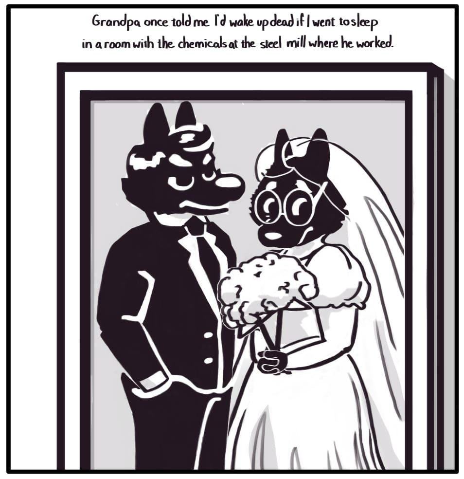 PANEL 13: It’s a photo of a Grandma and Grandpa as a young newly married couple. The groom appears annoyed, while the bride squints out half a smile.  Foxwolf’s inner monologue: “Grandpa once told me I’d wake up dead if I went to sleep in a room with the chemicals at the steel mill where he worked.” 