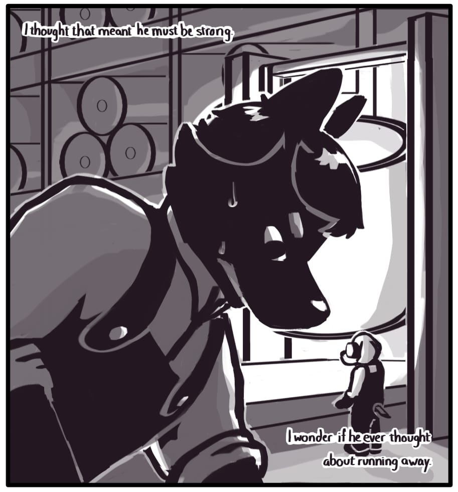 PANEL 14: Foxwolf’s inner monologue: “I thought that meant he must be strong.” The young man drips with sweat as he labors in a dark industrial building. A vat of liquid steel glows beyond him while another worker attends to the pouring process.  Foxwolf’s inner monologue: “I wonder if he ever thought about running away.” 