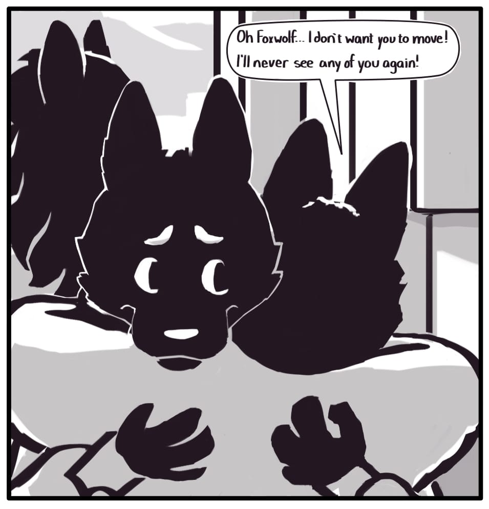 PANEL 19: Grandma gives Foxwolf a big hug on her way out the door and sadly says, “Oh, Foxwolf... I don’t want you to move! I’ll never see any of you again!” 