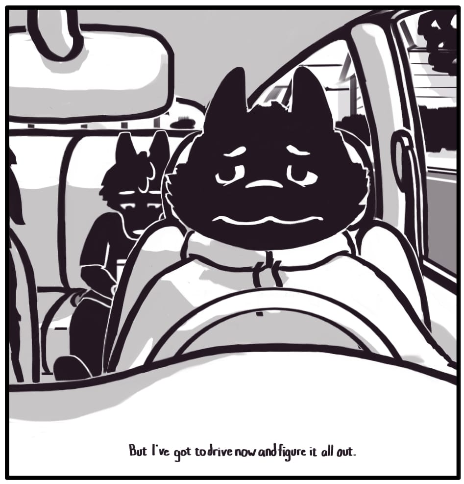 Panel 5: Foxwolf’s inner monologue: “But I’ve got to drive now and figure it all out.” Through the rear-view mirror, Foxwolf watches Jerri play in the back seat, unaware yet that they’ve arrived. 