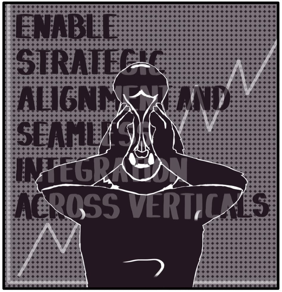 Panel 3: Foxwolf leans back and pushes her hands together through her cheeks, pulling her mouth open.  “ENABLE STRATEGIC ALIGNMENT AND SEAMLESS INTEGRATION ACROSS VERTICALS”