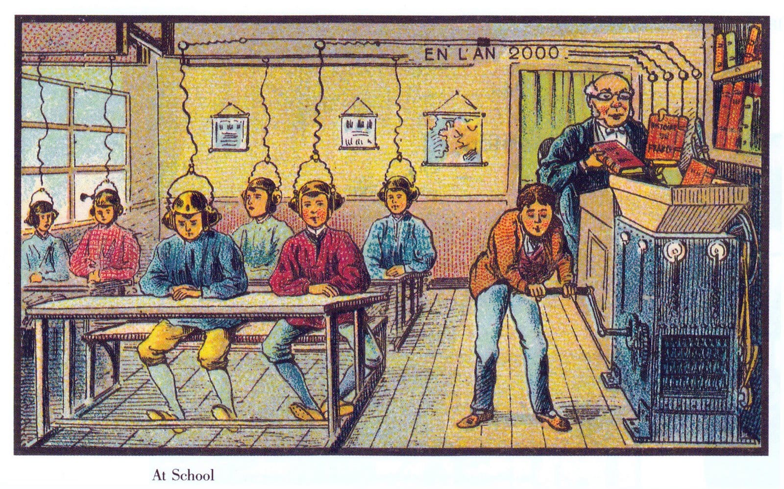 Ilustración de 1900: una máquina tritura libros y transmite su contenido a los alumnos por unos cascos, mientras el maestro la alimenta