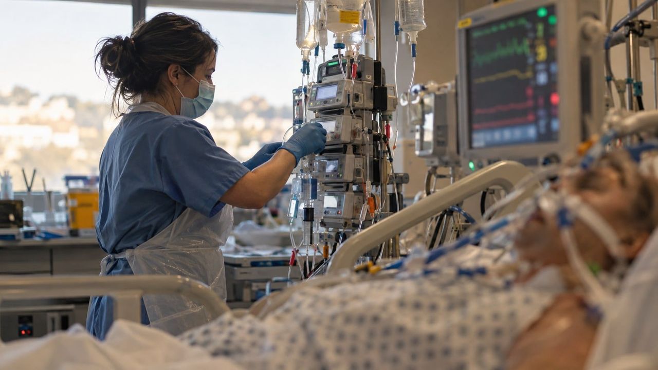 Una enfermera de cuidados intensivos ajusta una bomba de infusión junto a la cama de un paciente sedado y monitorizado