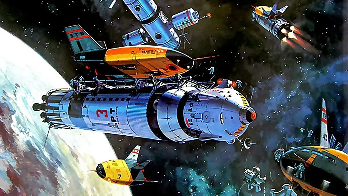 retro-futuristic rocket assembly
