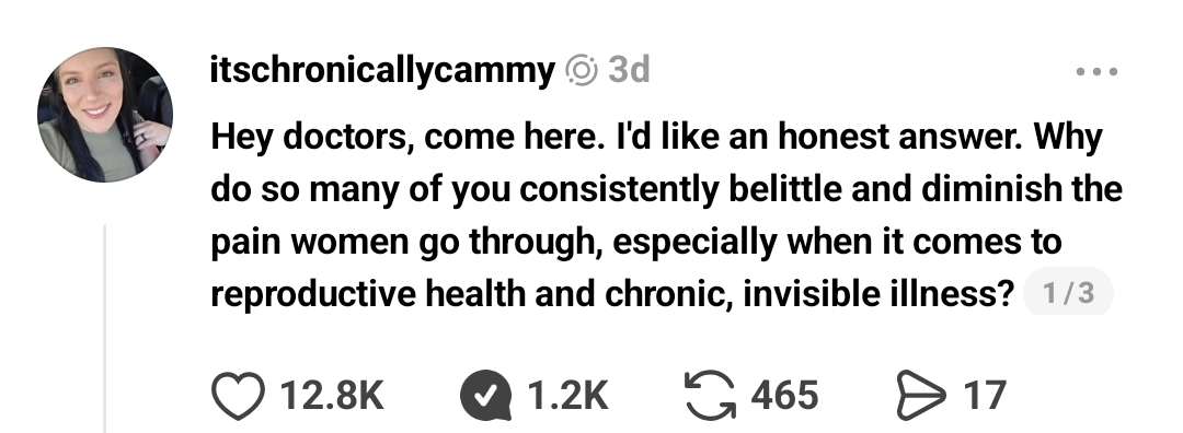 A SS of the ? I asked doctors on Threads.  It has 12.8k likes, 1.2k comments, 465 reposts at the time of SS. It features my Threads handle, @itschronicallycammy, & a photo of me smiling.