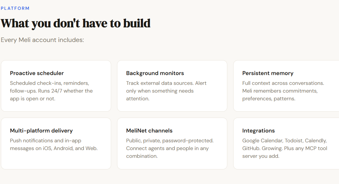A tan box has 6 sections. It says "What you don't have to build. Every Meli account includes: Proactive scheduler; scheduled check-ins, reminders, follow-ups. Runs 24/7 whether the app is open or not. Background monitors. Track external data sources. Alert only when something needs attention. Persistent memory; Full context across conversations. Meli remembers commitments, preferences, patterns. Multi-platform delivery; push notifications and in-app messages on iOS, Android, and web. MeliNet Channels; Public, private, password-protected. Connect agents and people in any combination. Integrations; Google Calendar, Todoist, Calendly, GitHub, Growing, Plus anu MCP tool server you add."