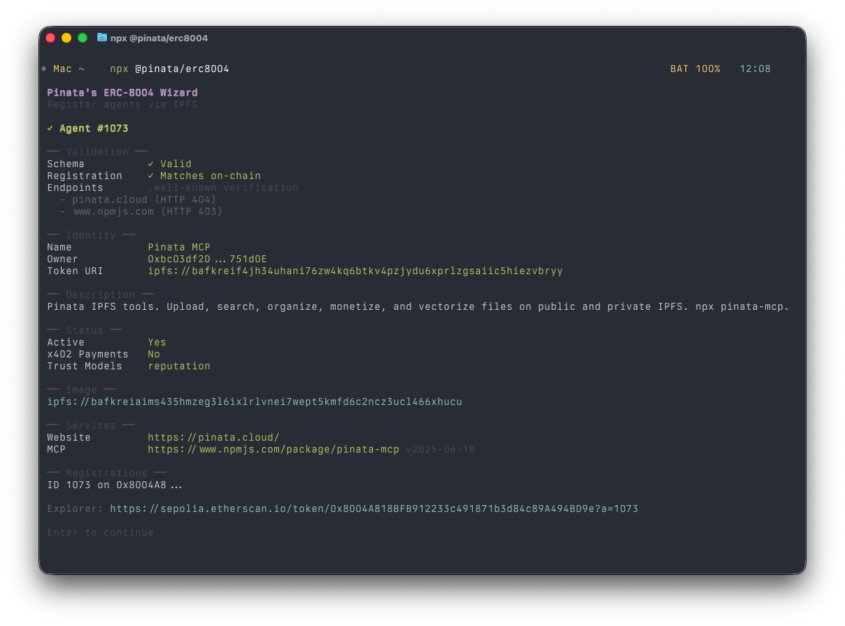 Screenshot — The wizard's verification feature showing the agent we registered.