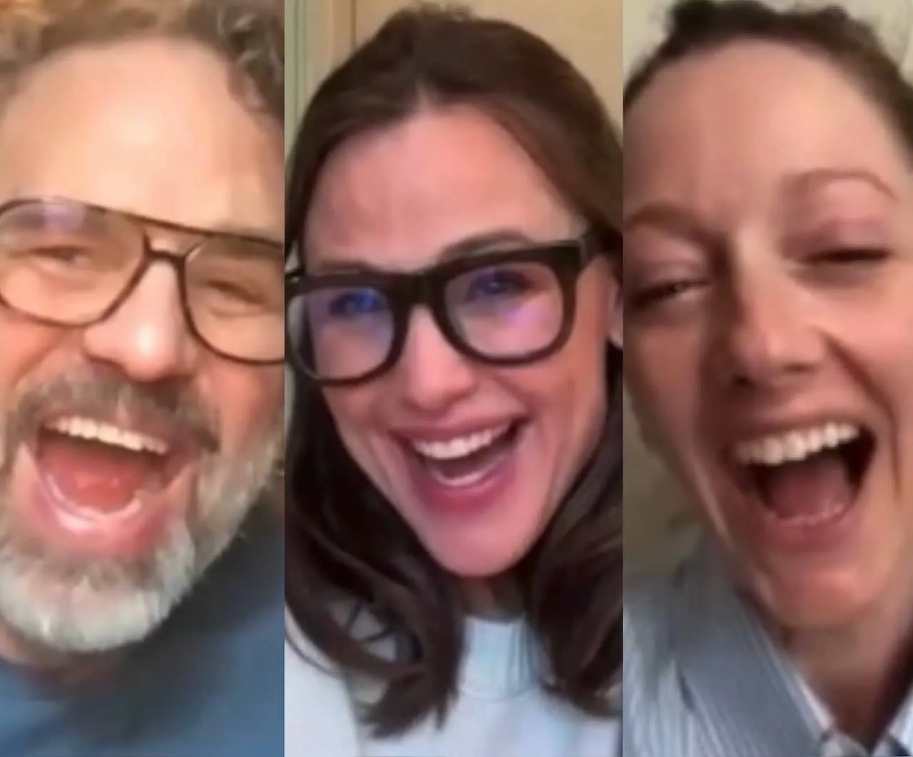 a screenshot of Mark Ruffalo, Jennifer Garner and Judy Greer laughing while on a zoom call for a '13 going on 30' reunion