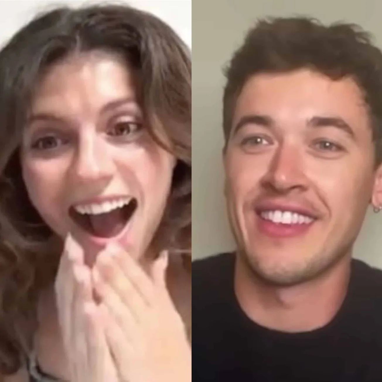 a still of Emily Bader and Tom Blyth on a zoom call, they're both smiling after learning they've been cast in 'People We Meet