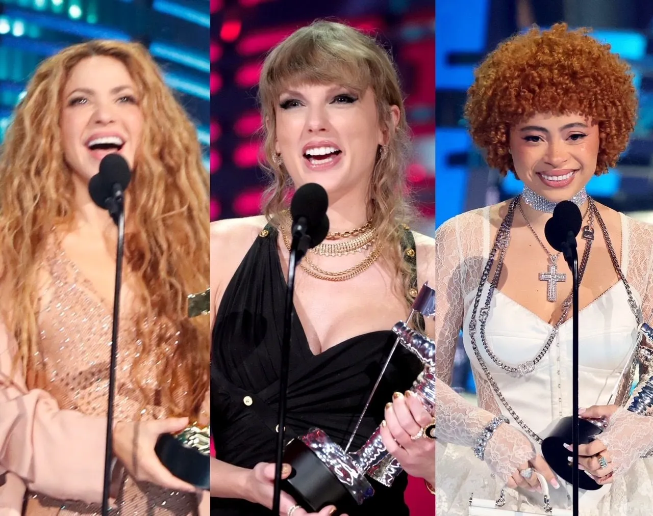 Shakira, Taylor Swift and Ice Spice on stage accepting their MTV VMAs. REad the full list of winners