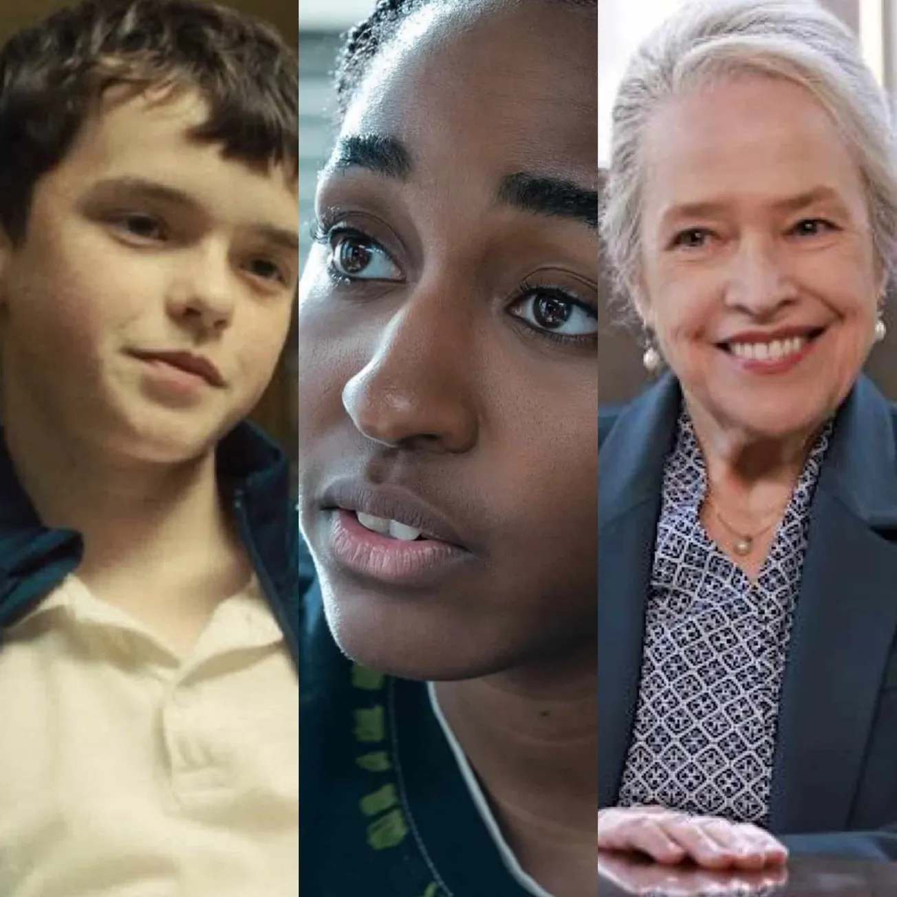 A still of Owen Cooper, Ayo Edebiri and Kathy Bates for the 2025 Emmy nominees