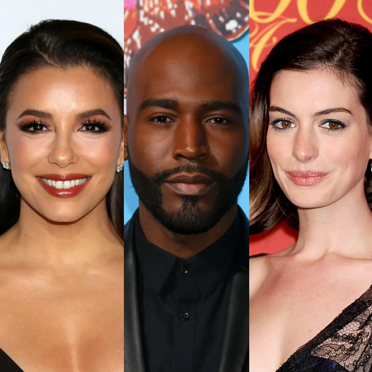 three photos side by side of Eva Longoria, Karamo Brown and Anne Hathaway at red carpet events.