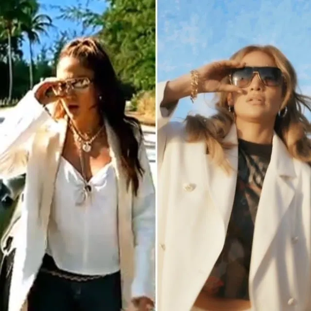 A still from Jennifer Lopez's clip "Love Don't Cost A Thing" wearing a cream jacket, gold jewellery and sunglasses, and a pho