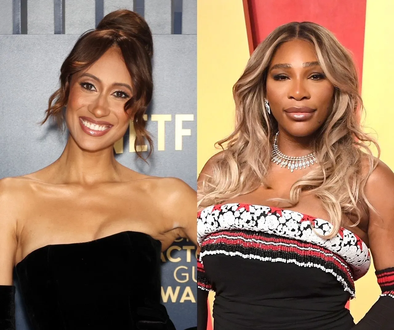 two photos side by side of birthFUND co-founders Elaine Welteroth and Serena Williams dressed in glamorous outfits at separat