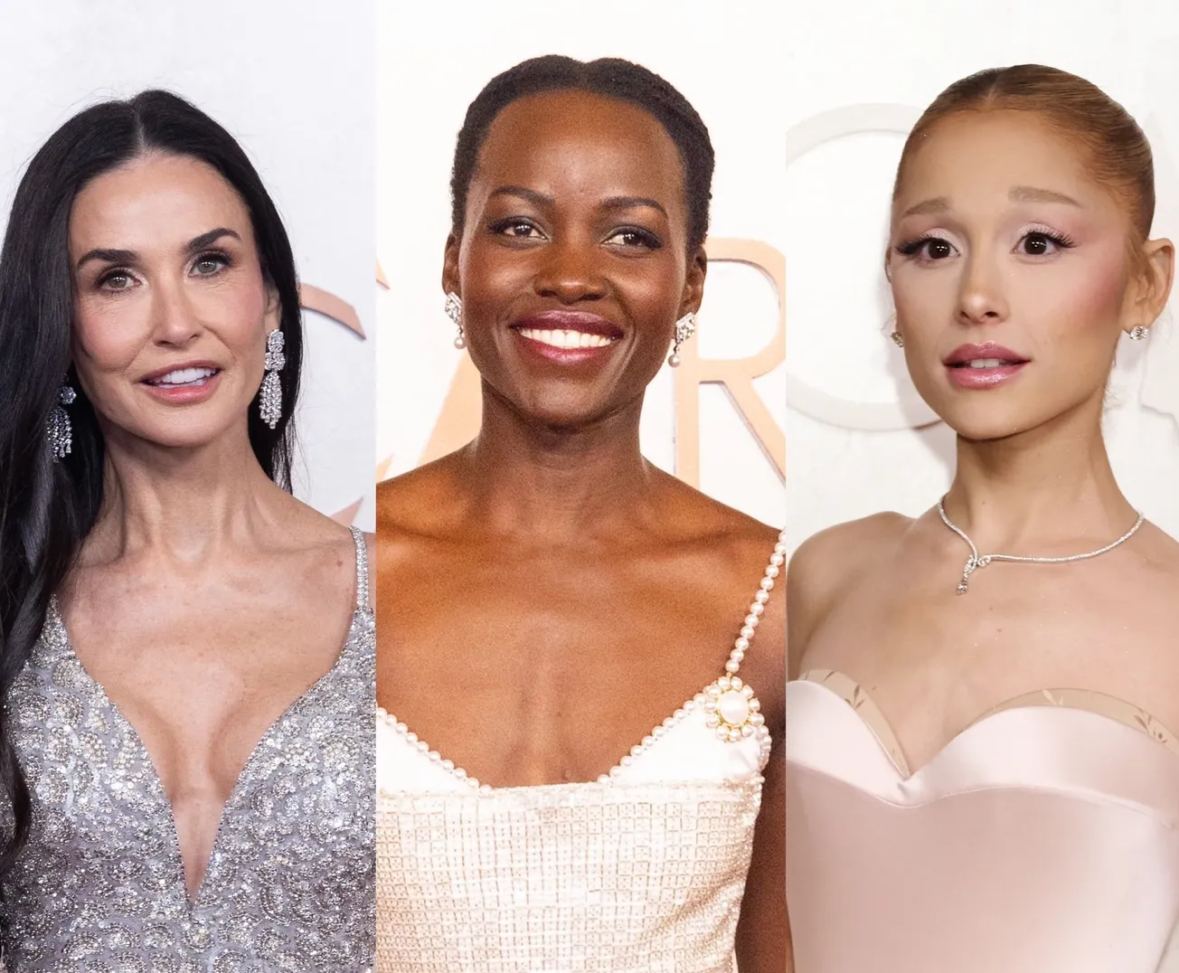 Demi Moore, Lupita Nyong'o and Ariana Grande at the 2025 Oscars. They are smiling and dressed in glamorous gowns.