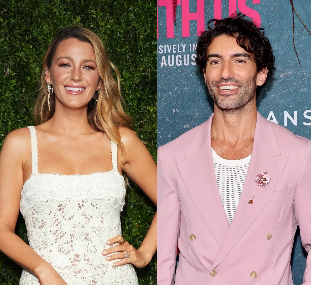 two photos side by side of Blake Lively and Justin Baldoni smiling at separate red carpet events