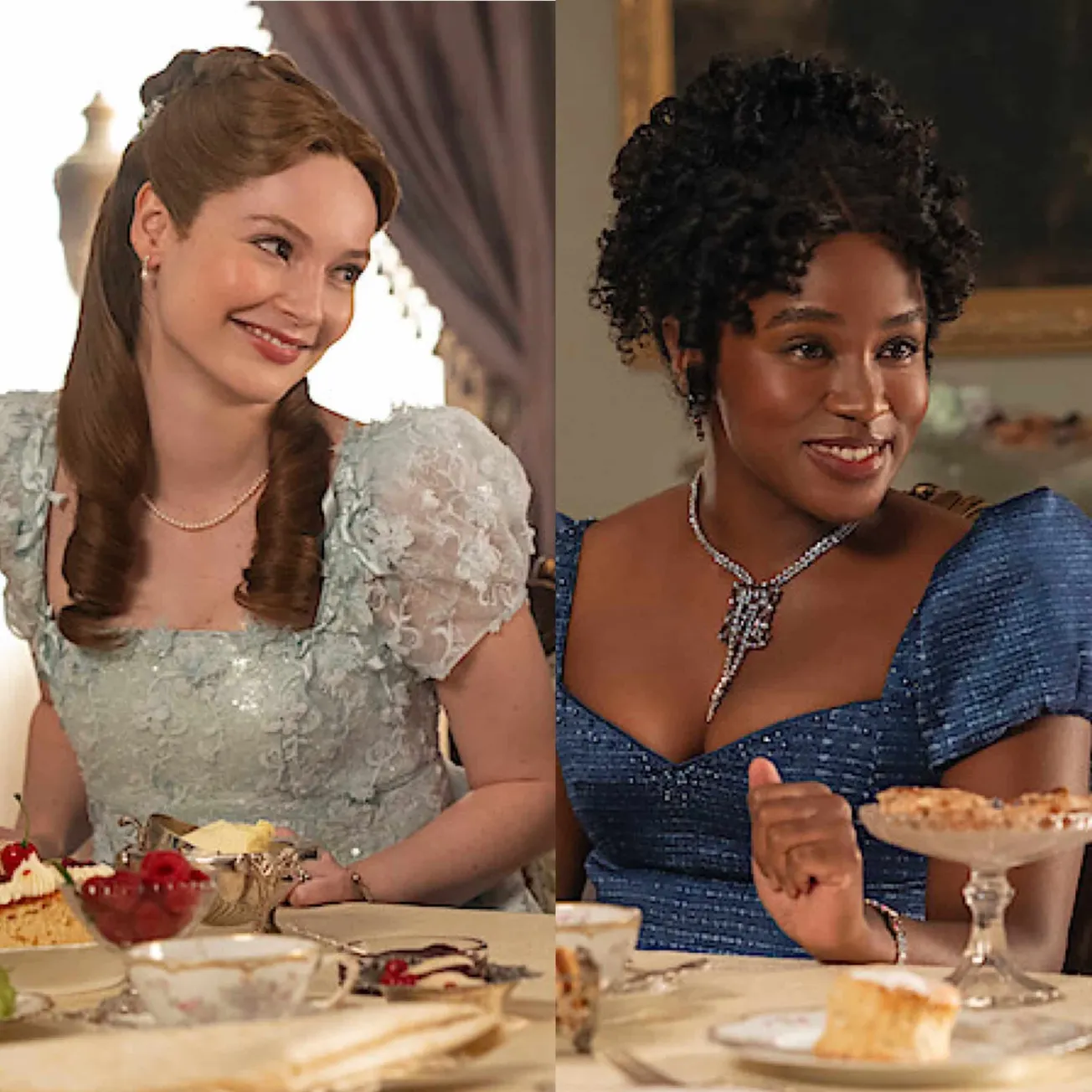 A still of Francesca and Michaela from Bridgerton, at a lunch table. They are both smiling.