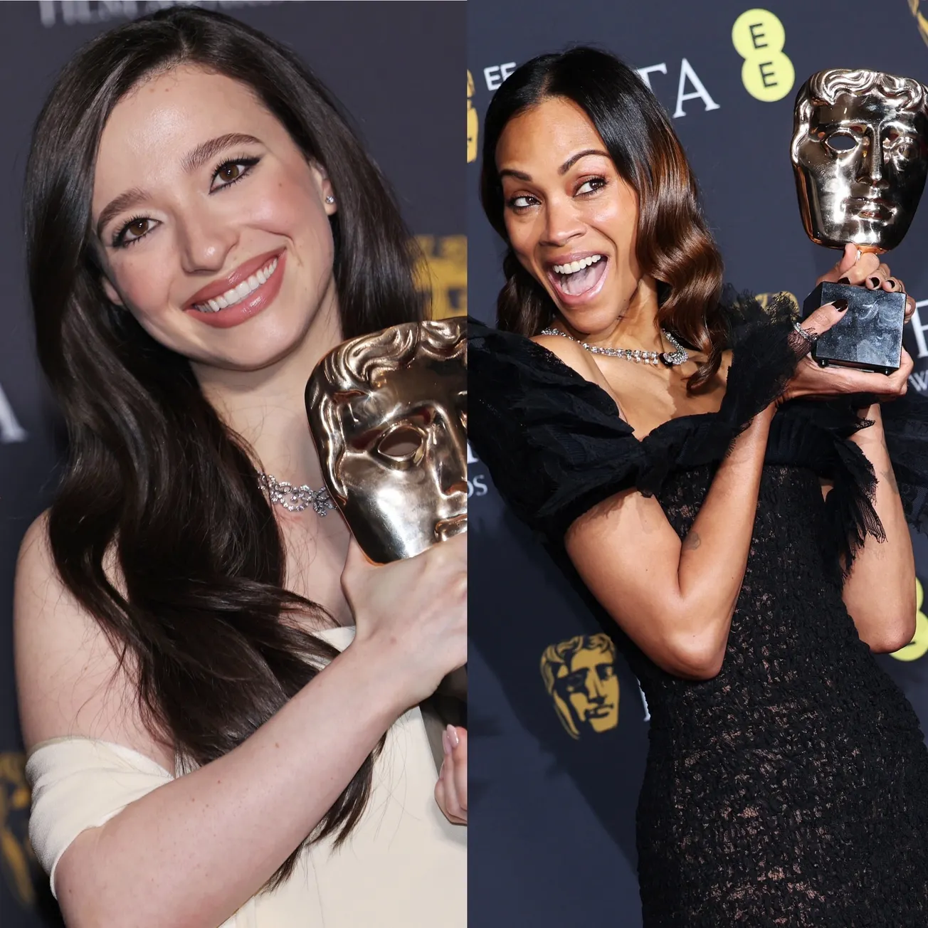 Mikey Madison and Zoe Saldana holding their BAFTA awards proudly n the press room. They're both smiling.