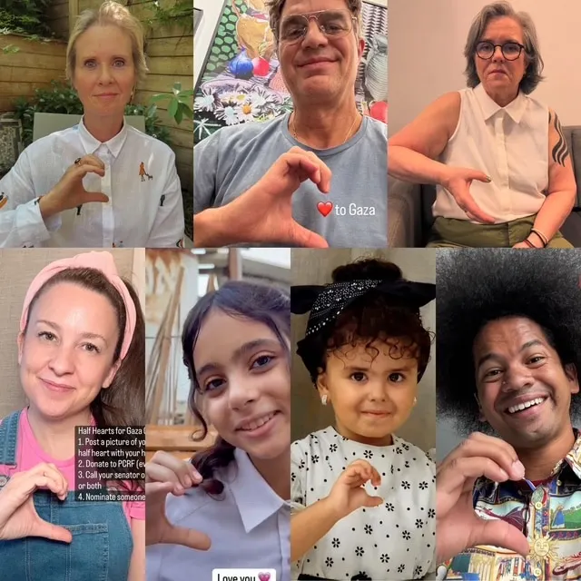 #HalfHeartsForGaza - a series of photos of celebs including Cynthia Nixon, Mark Ruffalo, Rosie O'Donnell, Ms. Rachel and Mych