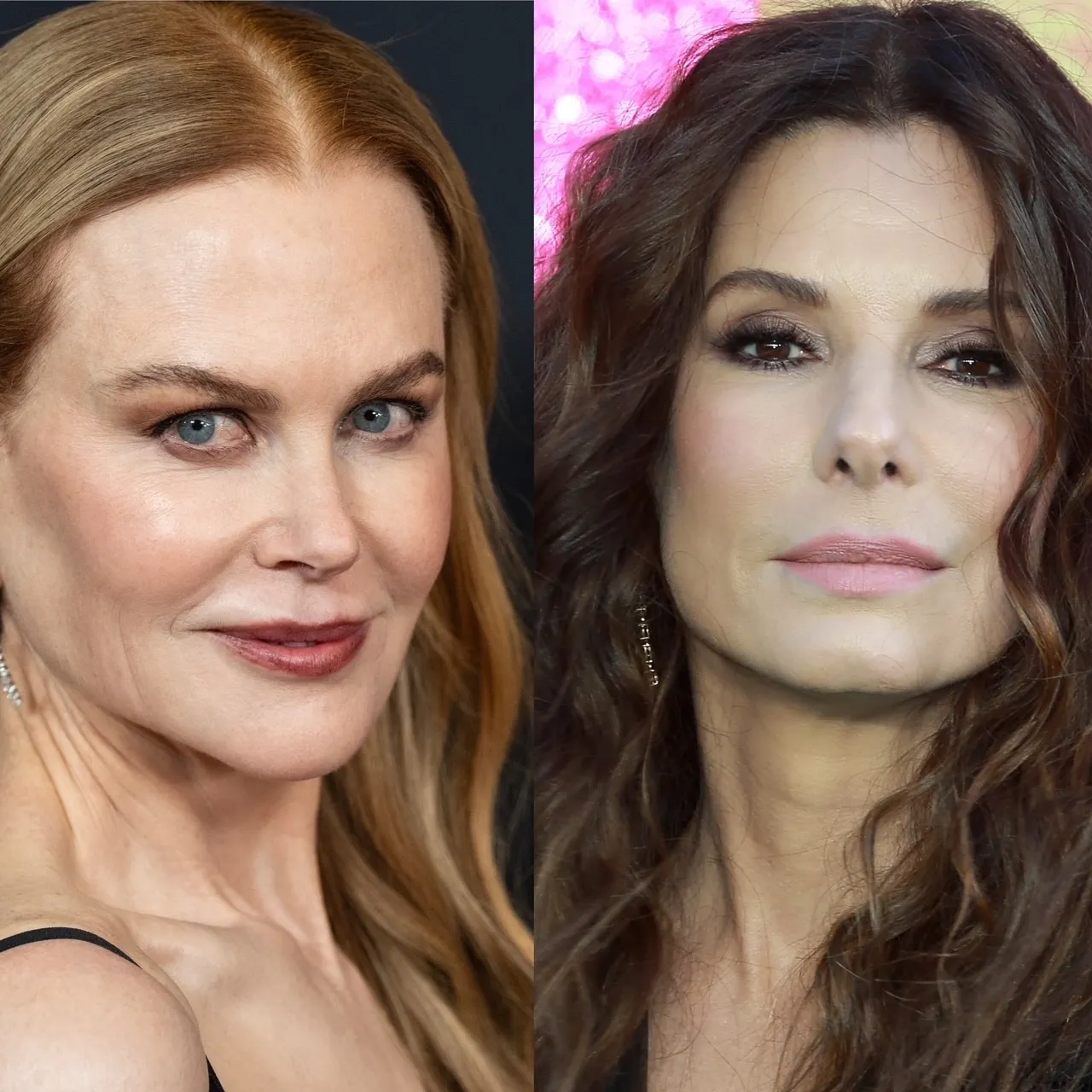 2 closeup photos of Practical Magic stars Nicole Kidman and Sandra Bullock smiling at red carpet events