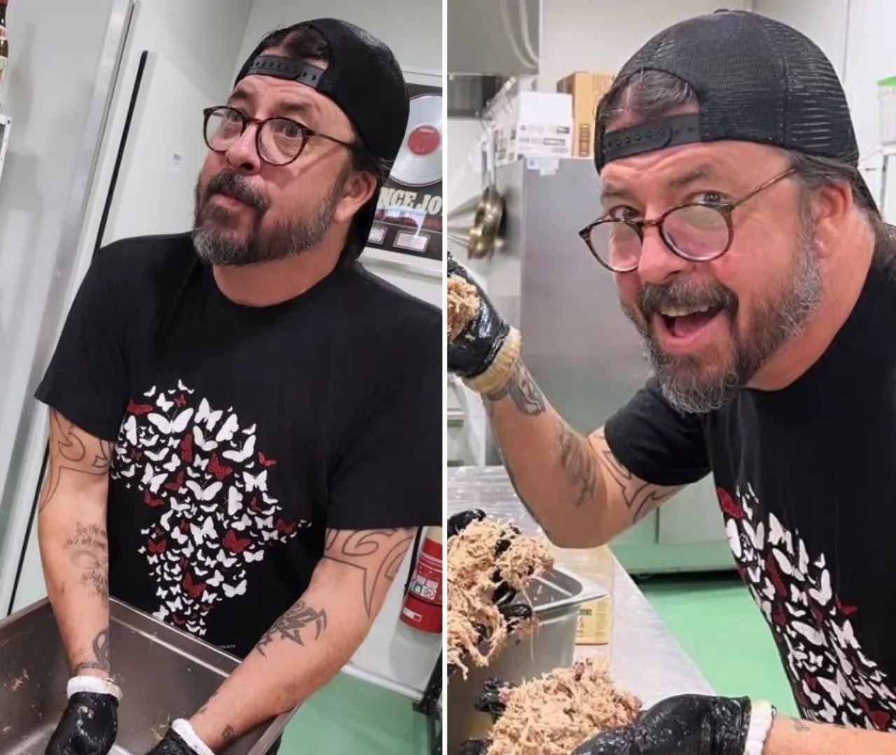2 photos side by side of Dave Grohl preparing food for The Big Umbrella charity in Melbourne. He wears a black t-shirt and bl
